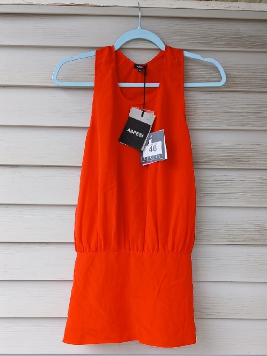 Aspesi Silk Vibrant Orange Sleeveless Drop-Waist Dress with Slits oN Each Side - Picture 2 of 4